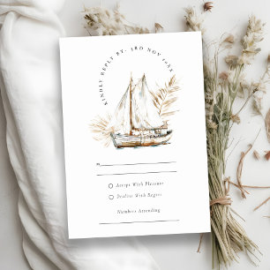 Boho Palm zeilboot Zeegezicht Waterverf Bruiloft RSVP Kaartje