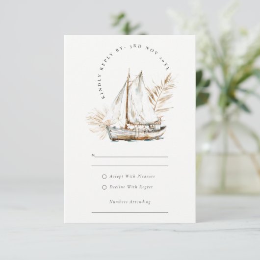 Boho Palm Zeilboot Zeegezicht Waterverf Trouwdag RSVP Kaartje (Staand voorkant)