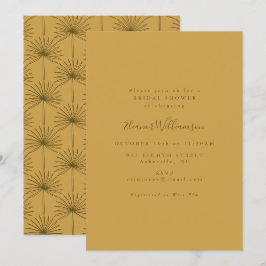 Boho Palmblad Botanische Gele Bruidsdouche Kaart (Voorkant / Achterkant)