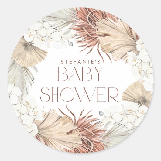 Boho Palmbladeren en Orchideeën Krans Baby Shower Ronde Sticker (Voorkant)