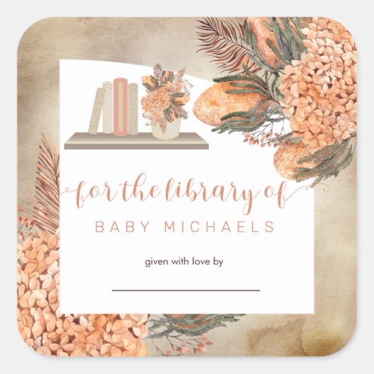 Boho palmbladeren |Hydrangeas Baby shower Bookplat Vierkante Sticker (Voorkant)