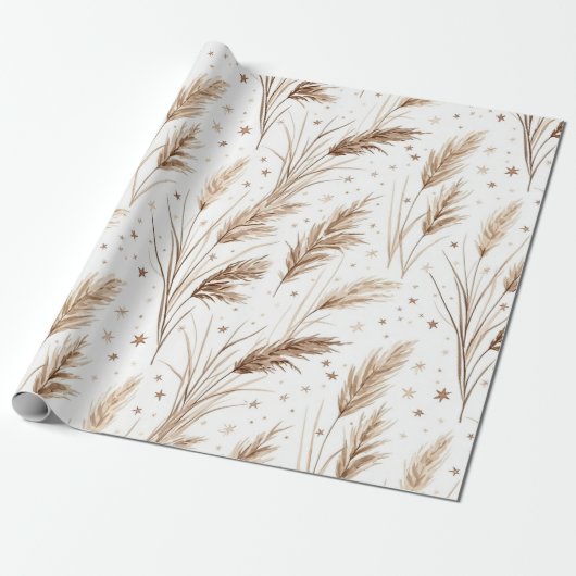 Boho Pampagras Beige Bruin Ster Patroon (1) Cadeaupapier (Uitgerold)