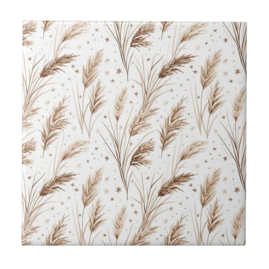 Boho Pampagras Beige Bruin Ster Patroon (1) Tegeltje (Voorkant)