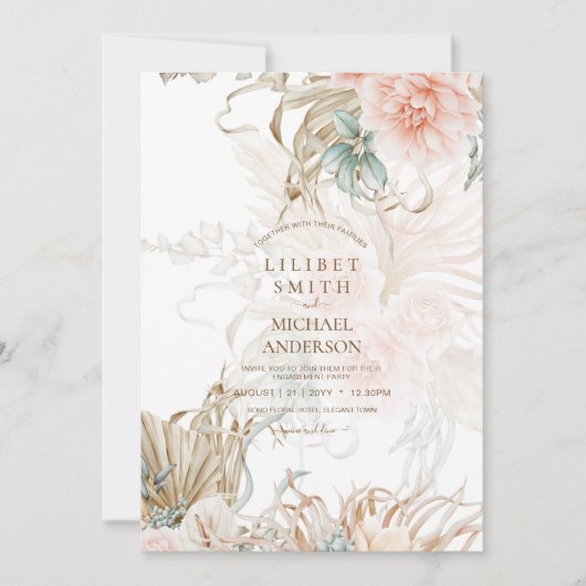 Boho Pampagras Bloemige Koraal Salie Bruiloft (Voorkant)