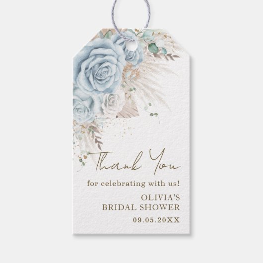 Boho Pampagras Pastelblauwe Bloemrijke Bruidsdouch Cadeaulabel (Voorkant)