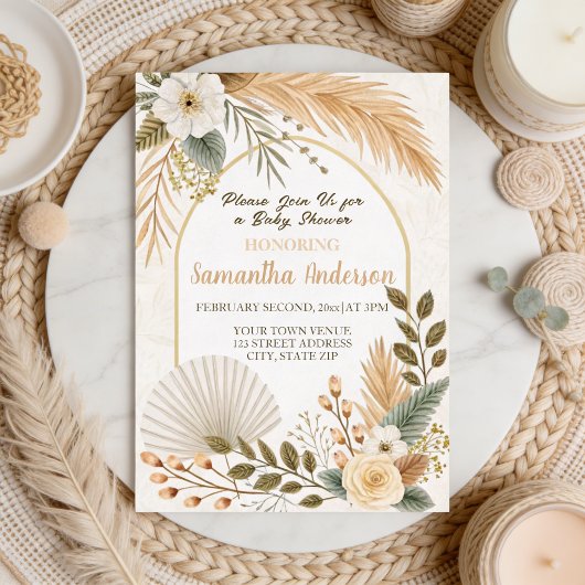 Boho Pampas Arch Baby Borrel Folie Uitnodiging