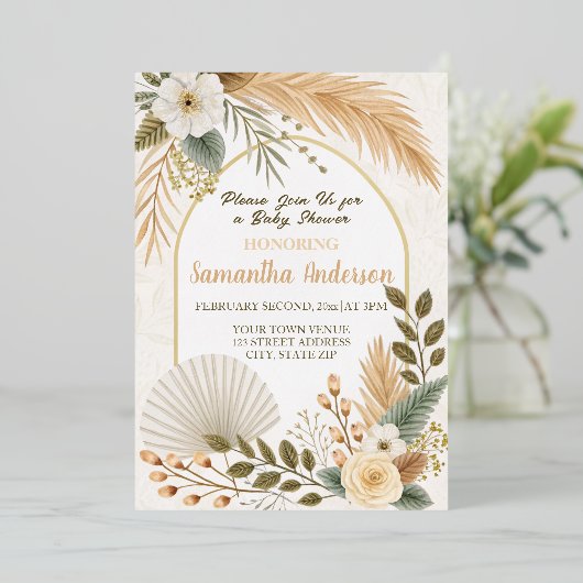 Boho Pampas Arch Baby shower Folie Uitnodiging (Staand Voorkant)