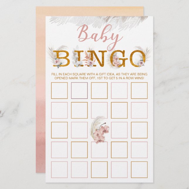 Boho Pampas Baby shower Bingo Game Kaart (Voorkant / Achterkant)