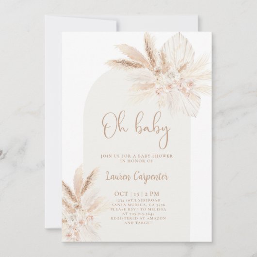 Boho Pampas Baby shower Girl Invitation Kaart (Voorkant)