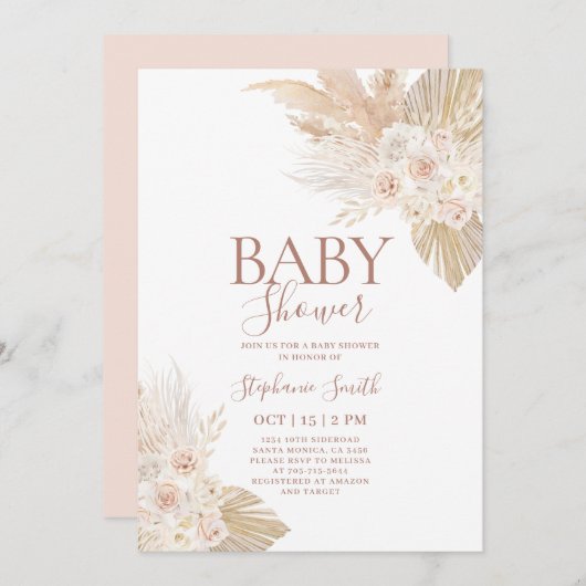 Boho Pampas Baby shower Girl Invitation Kaart (Voorkant / Achterkant)