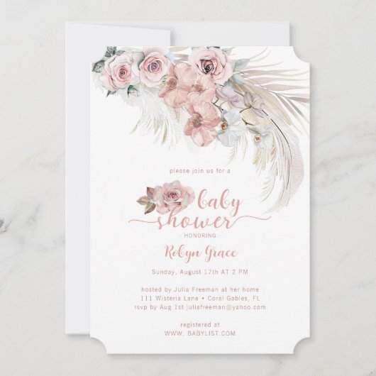 Boho Pampas Baby shower Nodig Blush Bloemen uit Kaart (Voorkant)