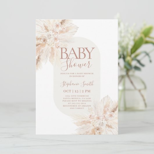 Boho Pampas baby shower uitnodiging voor meisje (Staand voorkant)