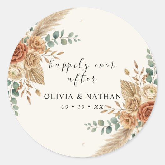 Boho Pampas Bloem Bruiloft Klassieke Ronde Sticker (Voorkant)