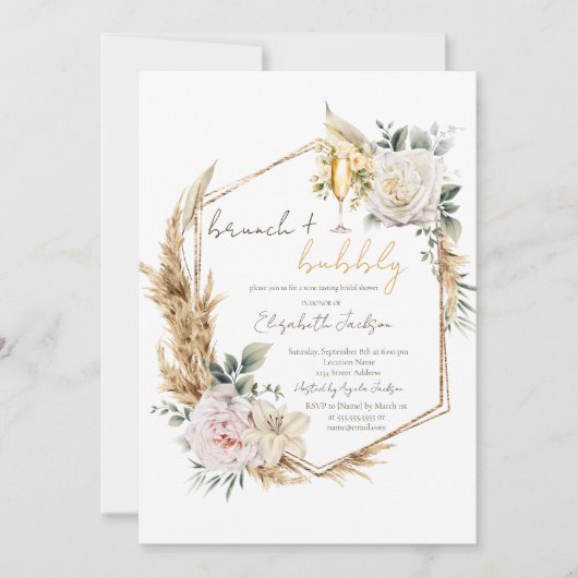 Boho Pampas Bloemen Brunch & Mousserende Wijn Brui Kaart (Voorkant)