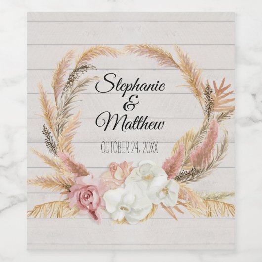 Boho Pampas Bloemen Waterverf Rustiek Hout Bruilof Wijn Etiket (Enkel label)