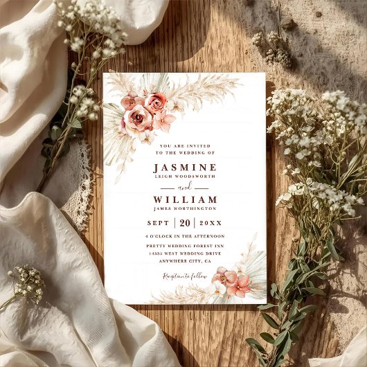 Boho Pampas Bloemrijke Elegante Chic QR Code Trouw Kaart