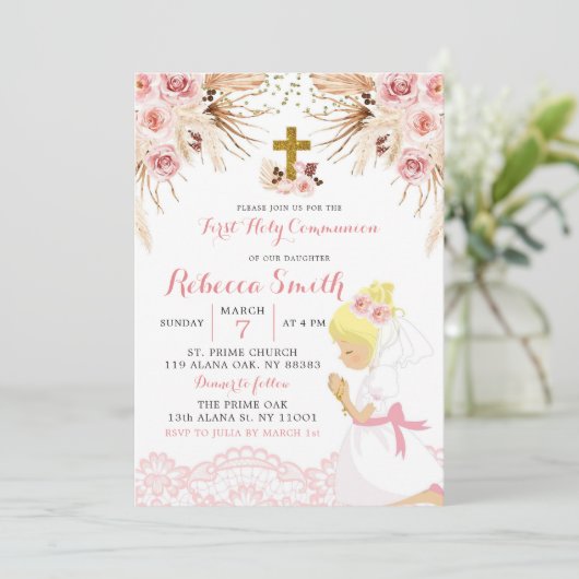 Boho Pampas Blonde Girl Eerste Uitnodiging (Staand voorkant)