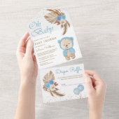 Boho Pampas Blue Floral Teddy Bear Baby shower All In One Uitnodiging (Afscheurbaar)