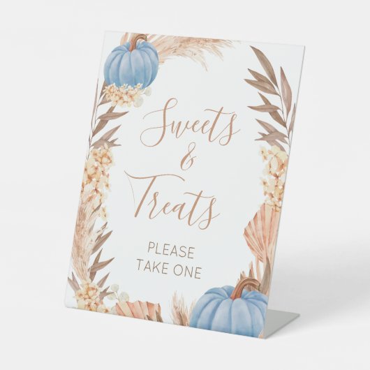 Boho Pampas blue Pumpkin Sweets & Treats Reclamebord Met Voetstuk (Voorkant)