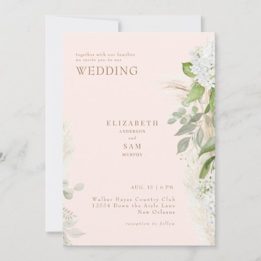 Boho Pampas Blush Witte Hydraneas Wedding Kaart (Voorkant)