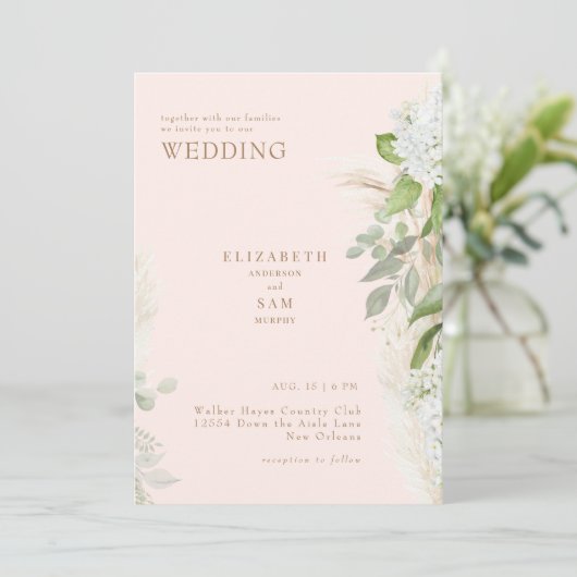 Boho Pampas Blush Witte Hydraneas Wedding Kaart (Staand voorkant)