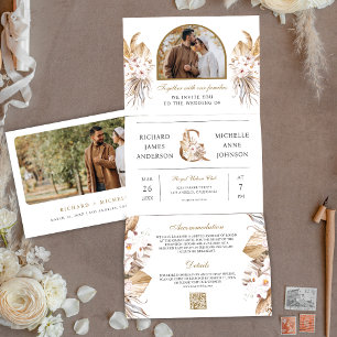 Boho Pampas Boog Foto Alles in Eén QR Code Huwelij Drieluik Uitnodiging