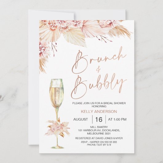 Boho Pampas Brunch Bubble Bridal Shower Invitation Kaart (Voorkant)