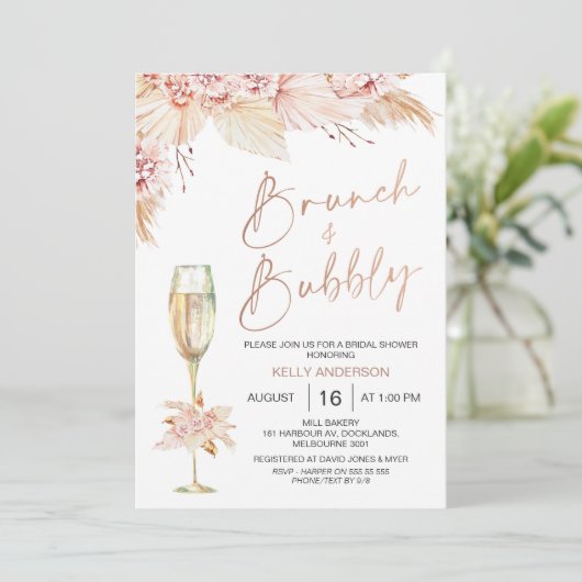 Boho Pampas Brunch Bubble Bridal Shower Invitation Kaart (Staand voorkant)
