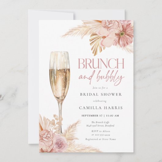 Boho Pampas Brunch Bubble Bridal Shower Invitation Kaart (Voorkant)