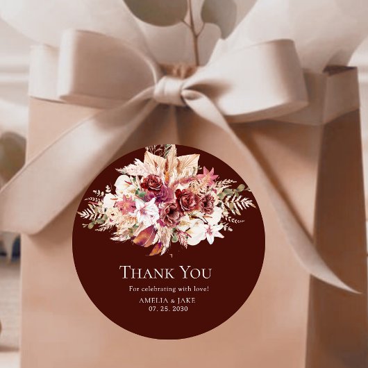 Boho Pampas Burgundy Floral Round Wedding  Ronde Sticker