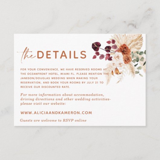 Boho Pampas Burnt Oranje Wedding Details Kaart (Voorkant)