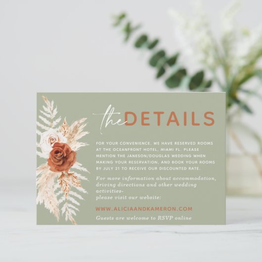 Boho Pampas Burnt Oranje Wedding Details Kaart (Staand voorkant)