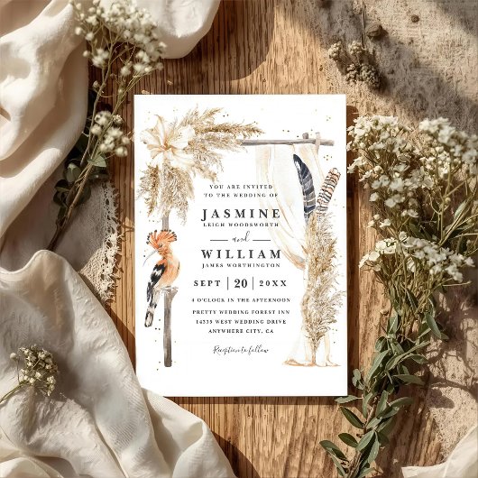 Boho Pampas Canopy Elegant QR Code Wedding Kaart