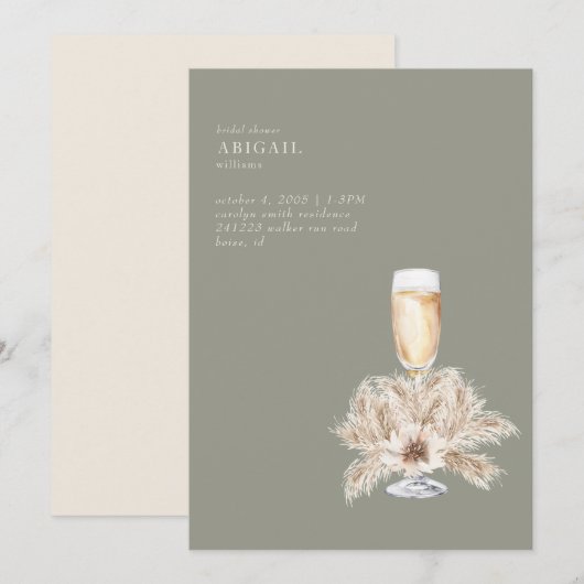 Boho Pampas Champagne Sage/Cream Vrijgezellenfeest Kaart (Voorkant / Achterkant)