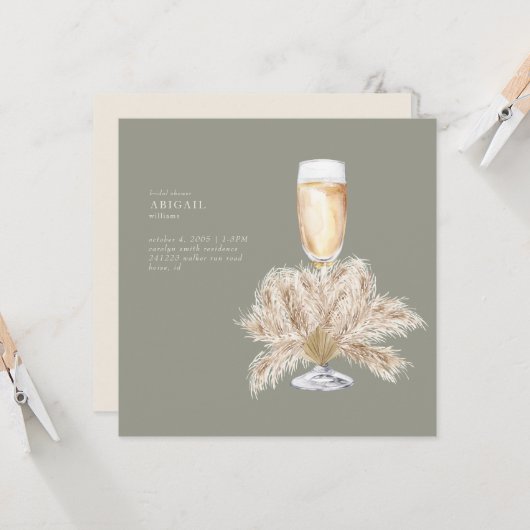 Boho Pampas Champagne Salie/Crème Vierkant Bruids- Kaart (Voorkant / Achterkant in situ)
