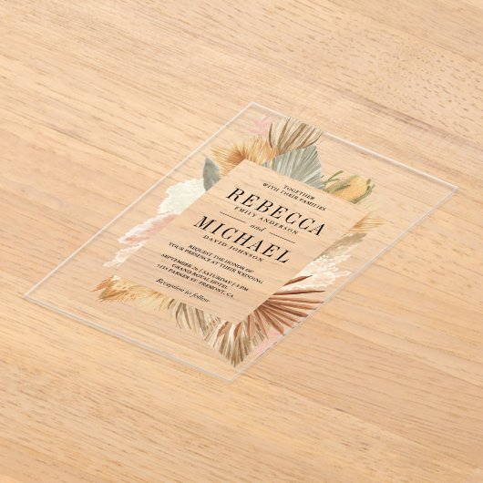 Boho Pampas Dried Palm Wedding Acryl Uitnodigingen (Laagn)