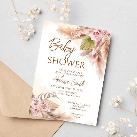 Boho pampas droog gras beige rozen baby shower kaart