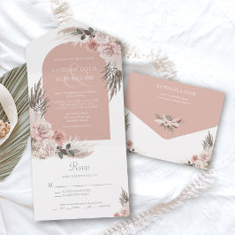Boho Pampas Dusty Pink Floral Wedding All In One Uitnodiging