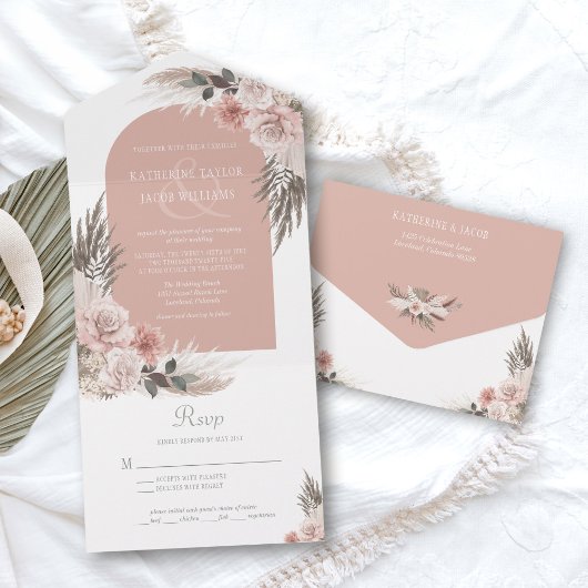 Boho Pampas Dusty Pink Floral Wedding All In One Uitnodiging