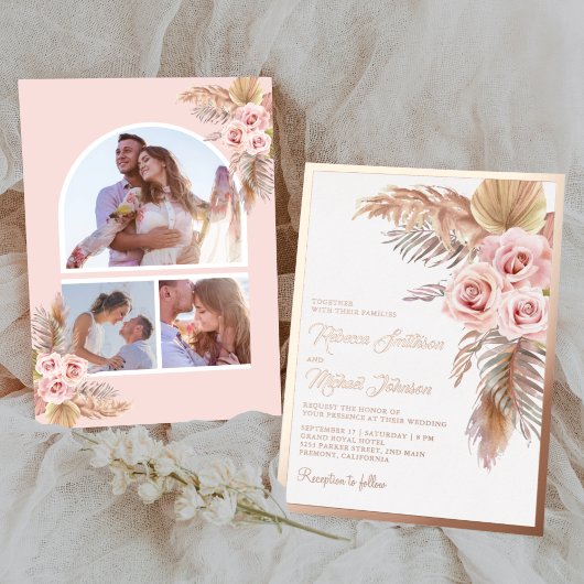 Boho Pampas Dusty Pink Rose Wedding Gold Folie Uitnodiging