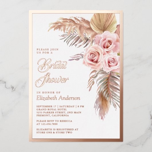 Boho Pampas Dusty Pink Vrijgezellenfeest Roos Gold Folie Uitnodiging (Voorkant)