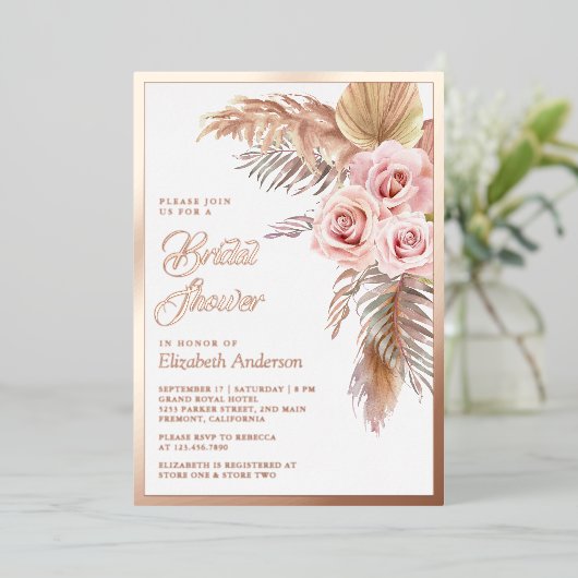 Boho Pampas Dusty Pink Vrijgezellenfeest Roos Gold Folie Uitnodiging (Staand Voorkant)