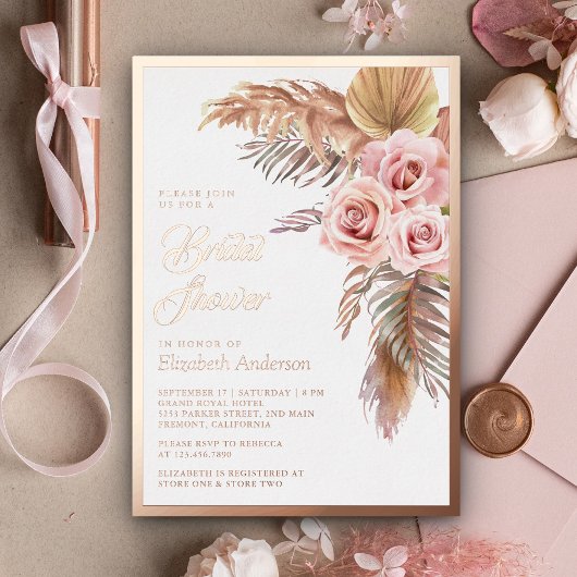 Boho Pampas Dusty Pink Vrijgezellenfeest Roos Gold Folie Uitnodiging