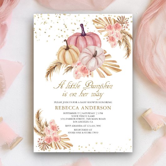 Boho Pampas Dusty Roses Pumpkin Baby shower Kaart