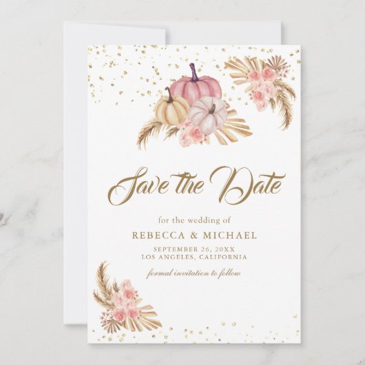 Boho Pampas Dusty Roses Pumpkin Wedding Save The Date (Voorkant)