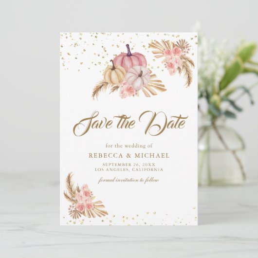 Boho Pampas Dusty Roses Pumpkin Wedding Save The Date (Staand voorkant)
