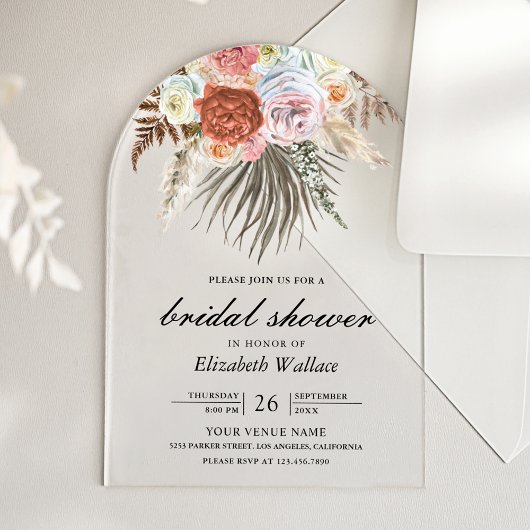Boho Pampas Earthy Floral Terracotta Bridal Shower Acryl Uitnodigingen