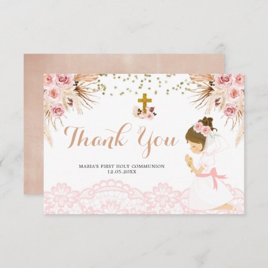 Boho Pampas Eerste Communie Hartelijk dank Bedankkaart (Voorkant / Achterkant)