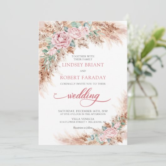 Boho pampas en blush roze rozen eucalyptus kaart (Staand voorkant)