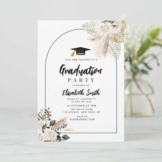 boho pampas en groen afstudeerfeest kaart (Staand voorkant)